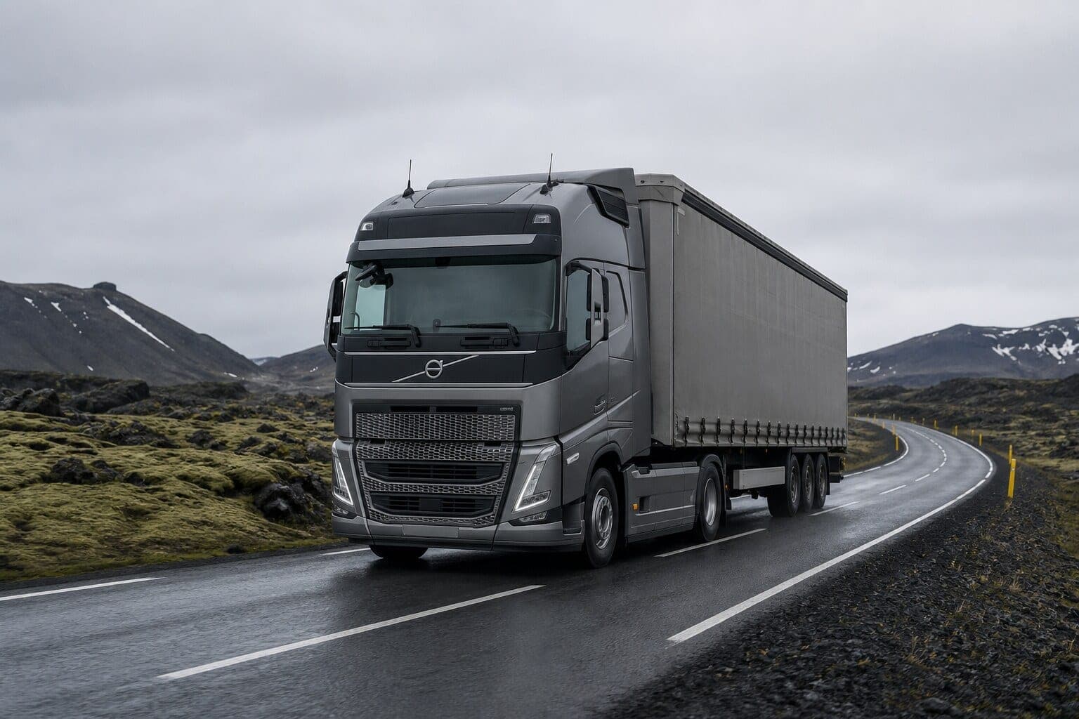 Volvo vörubifreið á íslenskum þjóðvegi