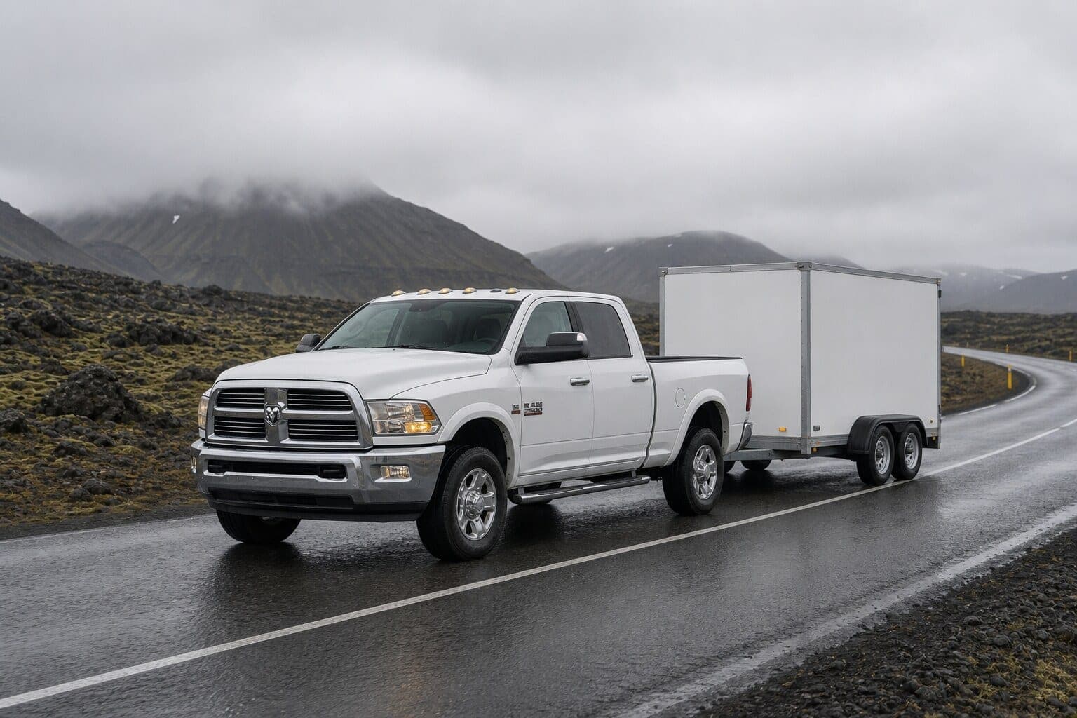 Hvítur Dodge Ram pallbíll með hvítan tveggja öxla eftirvagn á íslenskum vegi