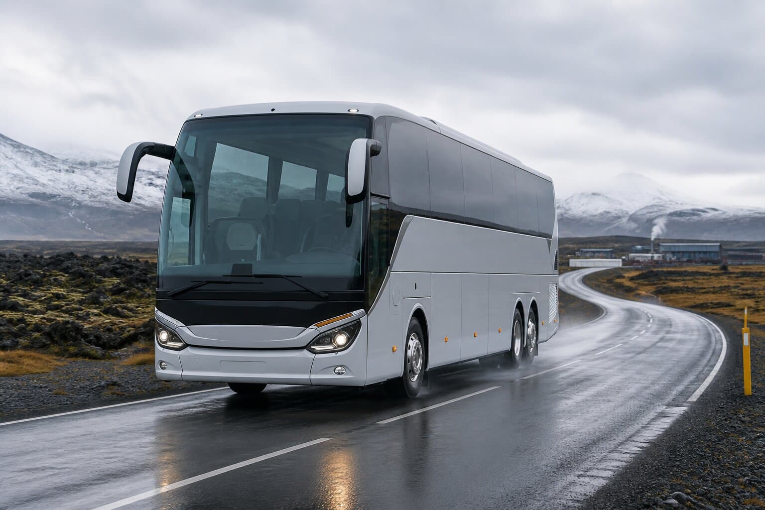 Setra hópbifreið á blautum íslenskum þjóðvegi